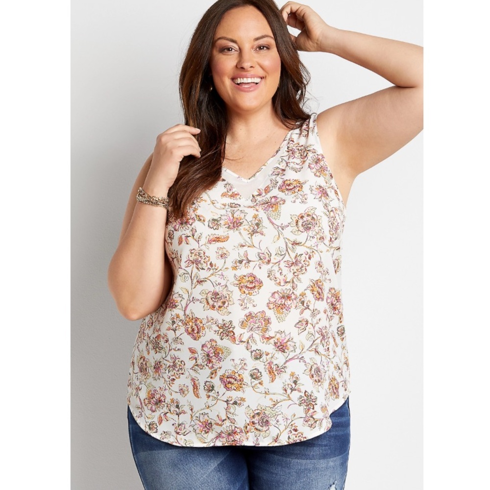 Plus Size White Floral Sheer Inset V Neck Tank Top